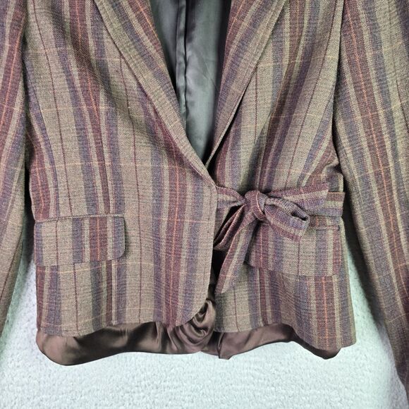 BCBGMaxAzria Plaid Blazer Brown Satin Hem Bow Tailored Designer Preppy Statement - Picture 4 of 15